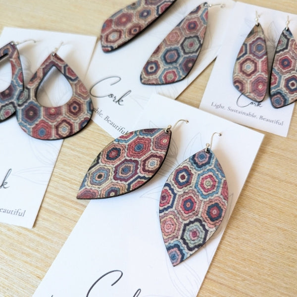 Embroidered Hexagon Leaf Cork Earrings | Plum Tree Handmade | boogie + birdie