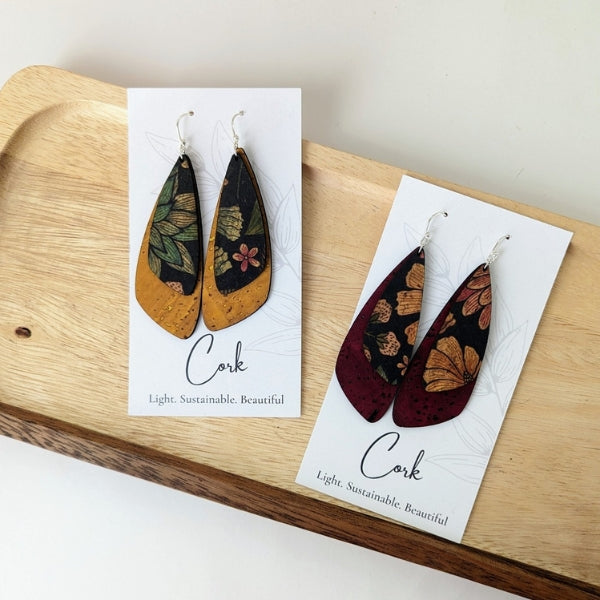Black Floral on Ochre Wing Cork Earrings  | Plum Tree | boogie + birdie 